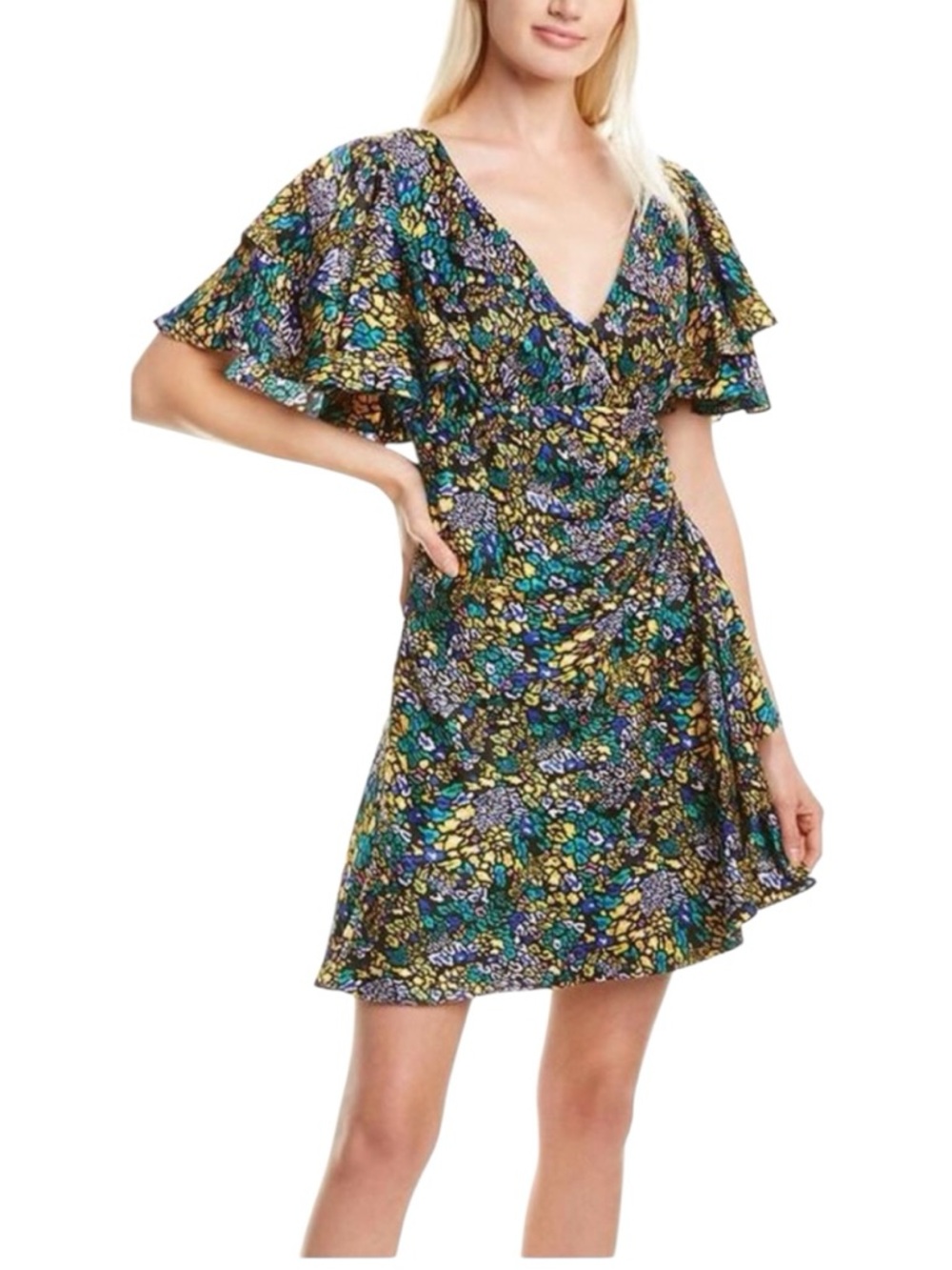 TANYA TAYLOR Rainbow Leopard Demi V-Neck Mini Dress Floral Multicolor Size 0